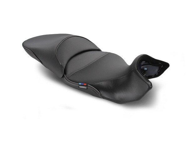 Sargent World Sport Aftermarket Motorcycle Seat for the 2023+ BMW R 1300 GS low front and rear with DTX/GZ and black welt.